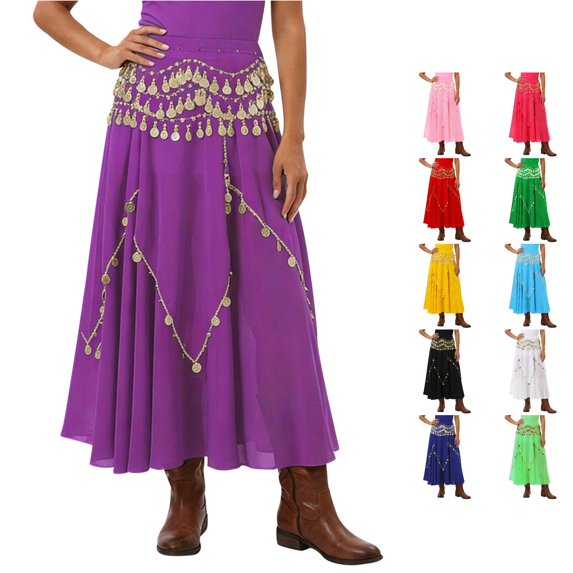 Wxolcjlv Womens Coin Embellished Maxi Skirt Wide Swing Cut for Belly Dance Stage Performance Events Skirts