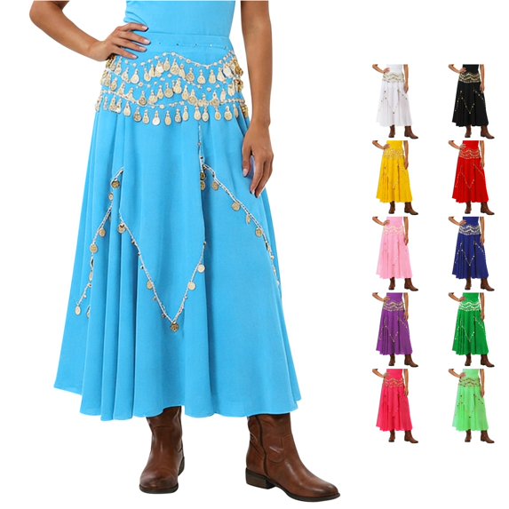 Wxolcjlv Womens Coin Embellished Maxi Skirt Wide Swing Cut for Belly Dance Stage Performance Events Skirts