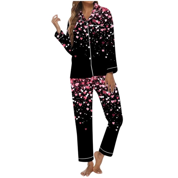 Wxolcjlv Womens Confetti Heart Print Pajama Set Long Sleeve Button Front Sleepwear Night Suit