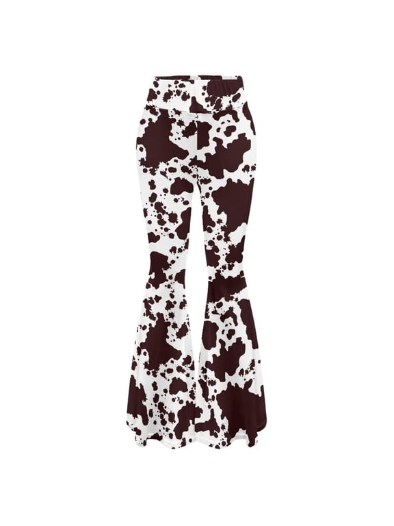 Womens Cow Print Flare Pants High Waist Wide Leg Bell Bottom Casual Boho Long Trousers