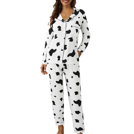 Wxolcjlv Womens Cow Print Pajama Set Long Sleeve Button Front Straight Sleep Pants