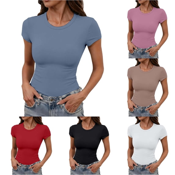 Wxolcjlv Womens Crew Neck Basic Casual T-Shirt Short Sleeve Slim Comfort Fit Office Daily Tee