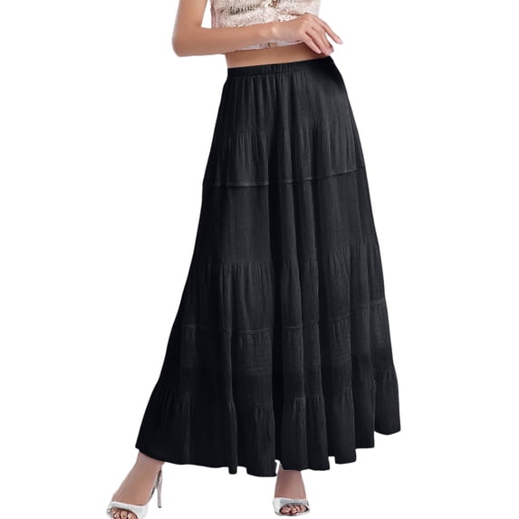 Wxolcjlv Womens Crinkle Tiered Maxi Skirt Elastic Waist Ruffled Layered Beach Daily Skirts