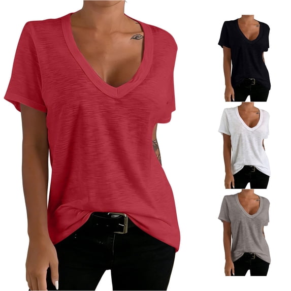 Wxolcjlv Womens Deep V Neck Short Sleeve Tee Relaxed Fit Casual Everyday Tops