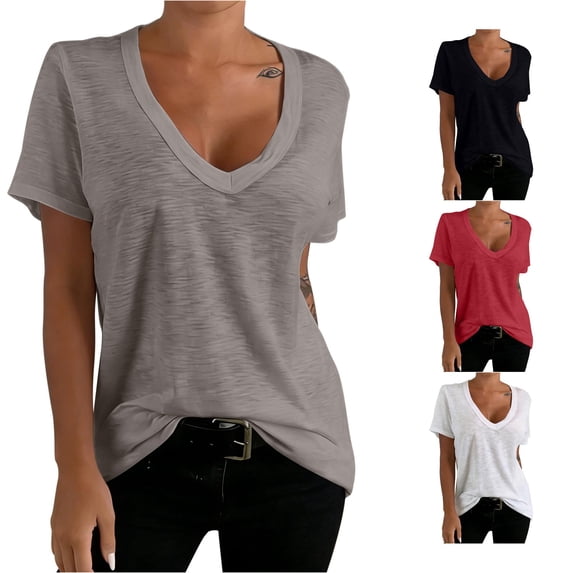 Wxolcjlv Womens Deep V Neck Short Sleeve Tee Relaxed Fit Casual Everyday Tops