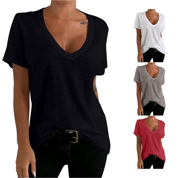 Wxolcjlv Womens Deep V Neck Short Sleeve Tee Relaxed Fit Casual Everyday Tops