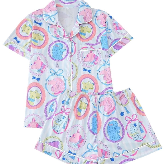 Wxolcjlv Womens Dog Portrait Print Pajama Set Short Sleeve Lapel Top Elastic Waist Sleep Shorts