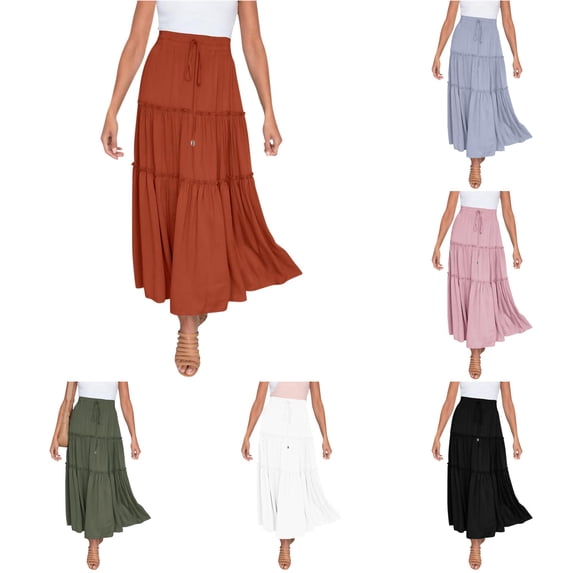 Wxolcjlv Womens Drawstring Tiered Maxi Skirt Ruffle High Waist Skirts