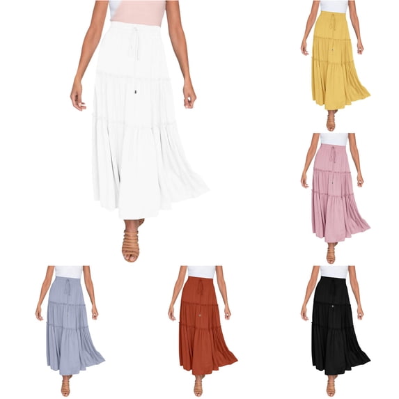 Wxolcjlv Womens Drawstring Tiered Maxi Skirt Ruffle High Waist Skirts