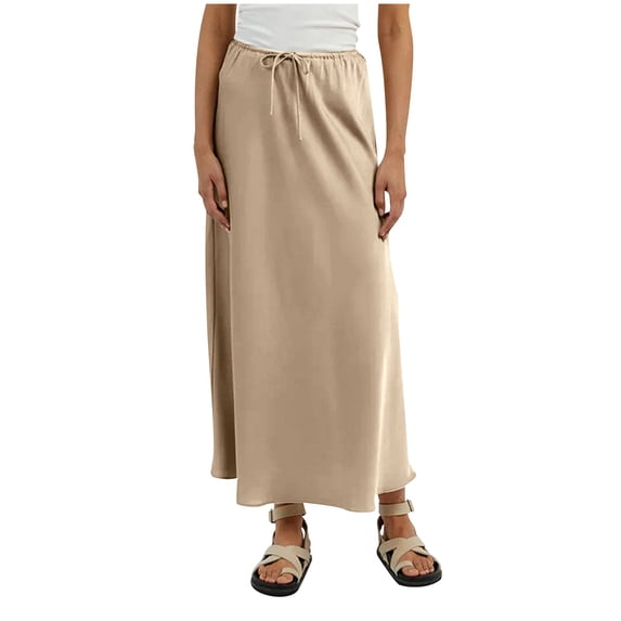 Wxolcjlv Womens Drawstring Waist Satin Maxi Skirt Smooth Drape Silhouette for Vacation Casual Getaways Skirts