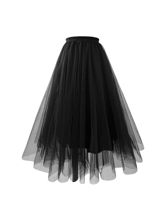 Womens Elastic Waist Tulle Maxi Skirt Asymmetric Layered Hem Formal Evening A-Line Skirt