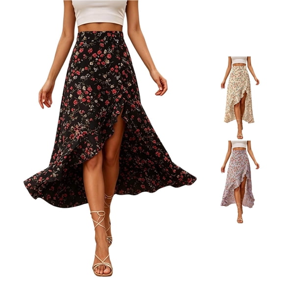 Wxolcjlv Womens Floral Print High Low Maxi Skirt Ruffle Slit Party Long Skirts