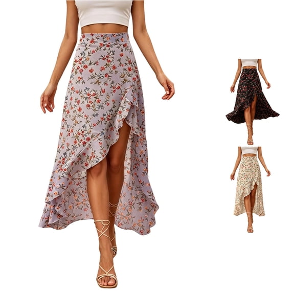 Wxolcjlv Womens Floral Print High Low Maxi Skirt Ruffle Slit Party Long Skirts