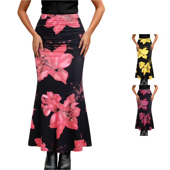Wxolcjlv Womens Floral Print Maxi Skirt High Waist Street Long Skirts