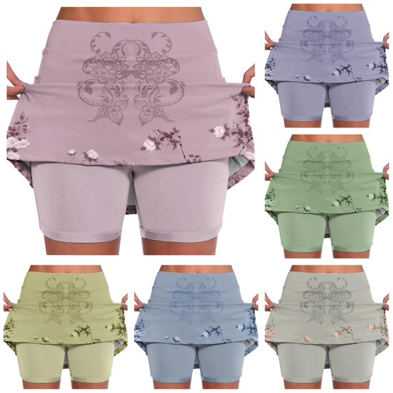 Wxolcjlv Womens Floral Print Skort High Waist Built‑In Short Workout Casual Skirts