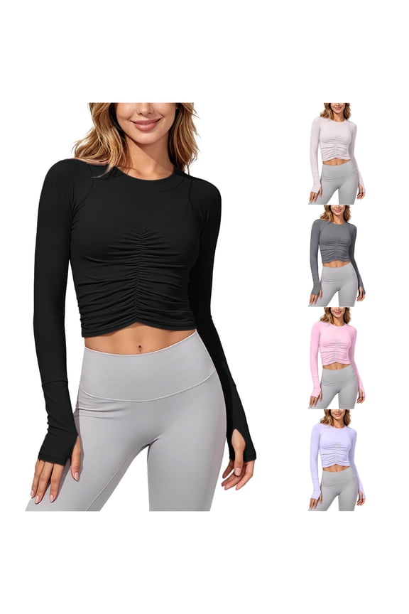 Womens Front Ruched Long Sleeve Crop Top Thumb Hole Slim Fit Athletic Tees Workout Daily Pullover Top