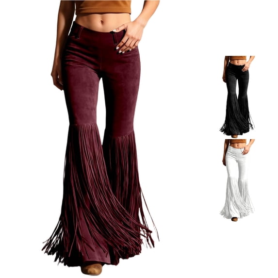 Wxolcjlv Womens Full Fringe Bell Bottom Pants Elastic Waist Stretch Cowboy Trousers