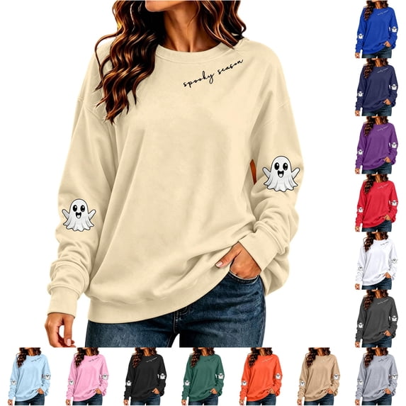 Wxolcjlv Womens Ghost Letter Graphic Sweatshirts Long Sleeve Pullover Tops