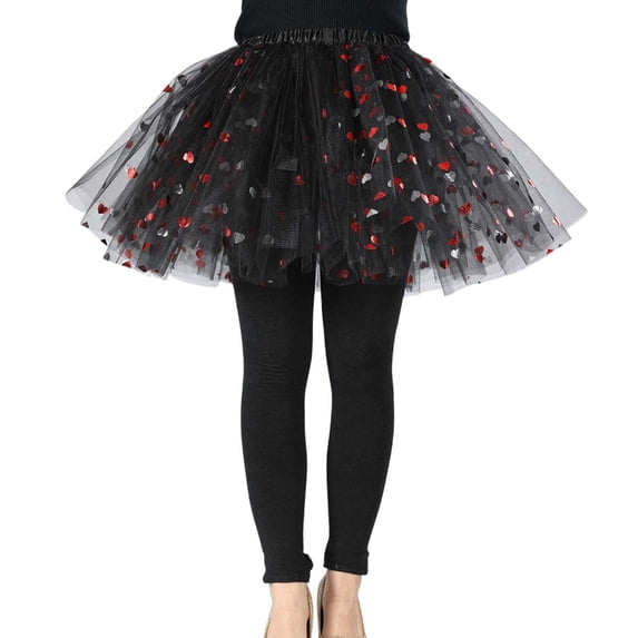 Wxolcjlv Womens Heart Print Tulle Mini Skirt Elastic Waist Mesh Tutu Skirts
