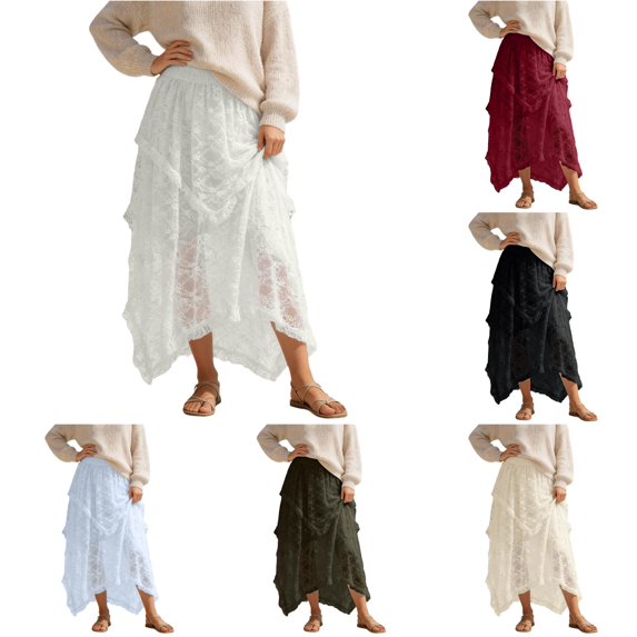 Wxolcjlv Womens Lace Asymmetric Maxi Skirt Elastic Waist Loose Silhouette Wedding Guest Boho Long Skirts