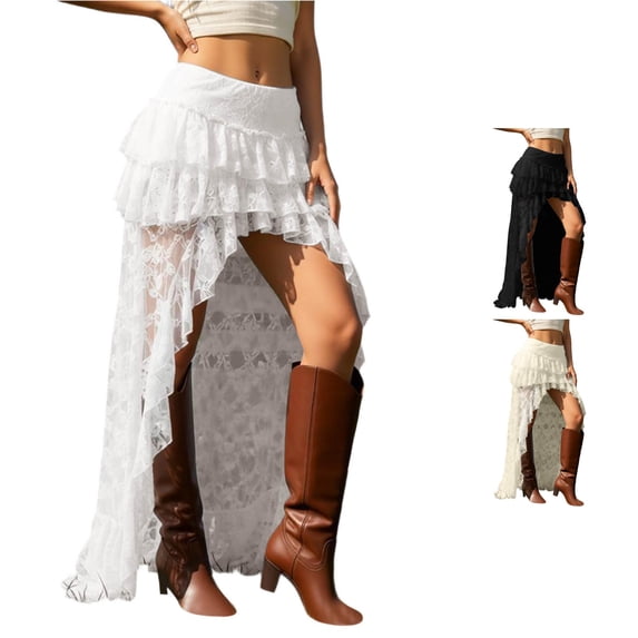 Wxolcjlv Womens Lace High Low Skirt Tiered Ruffled Asymmetrical Hem Skirts