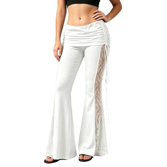 Wxolcjlv Womens Lace Panel Flare Pants Ruched Drawstring Soft Casual Bell Bottoms