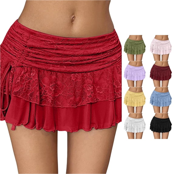 Wxolcjlv Womens Lace Ruched Mini Skirt Drawstring Side Tiered Ruffle Hem Evening Skirts
