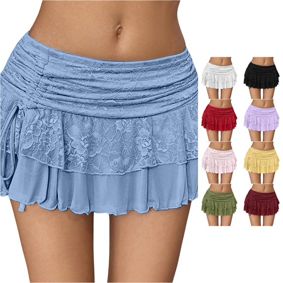 Wxolcjlv Womens Lace Ruched Mini Skirt Drawstring Side Tiered Ruffle Hem Evening Skirts