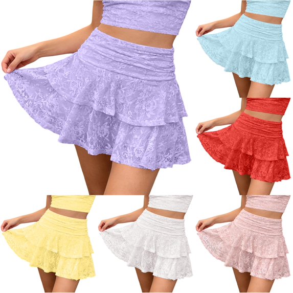 Wxolcjlv Womens Lace Ruffled Mini Skirt High Waist Tiered Layered Skirts