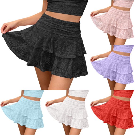 Wxolcjlv Womens Lace Ruffled Mini Skirt High Waist Tiered Layered Skirts