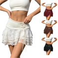 thumbnail image 1 of Wxolcjlv Womens Lace Tiered Mini Skirt Faux Leather Waist Lace‑Up Detail Club Short Skirts, 1 of 4