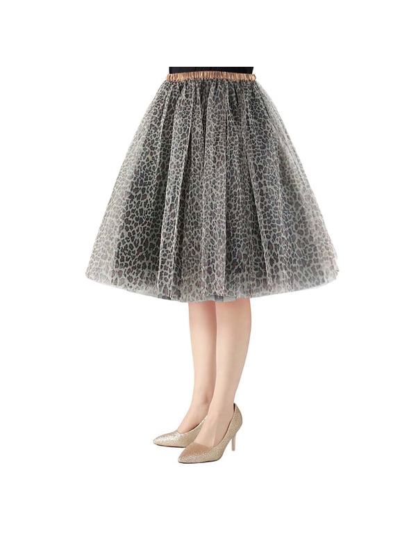 Womens Leopard Print Tulle Tutu Skirt Elastic Waist A‑line Fluffy Party Skirt