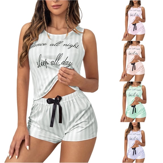 Wxolcjlv Womens Letter Stripe Pajama Set Sleeveless Crop Top Elastic Waist Sleep Shorts
