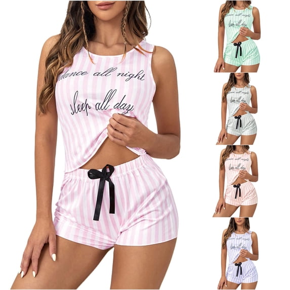 Wxolcjlv Womens Letter Stripe Pajama Set Sleeveless Crop Top Elastic Waist Sleep Shorts