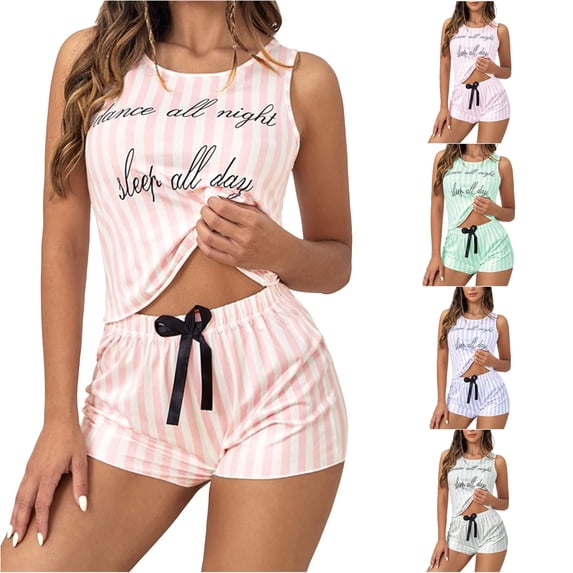 Wxolcjlv Womens Letter Stripe Pajama Set Sleeveless Crop Top Elastic Waist Sleep Shorts