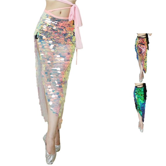 Wxolcjlv Womens Multicolor Sequin Slit Midi Skirt Side Tie Irregular Cut Stage Dance Skirts