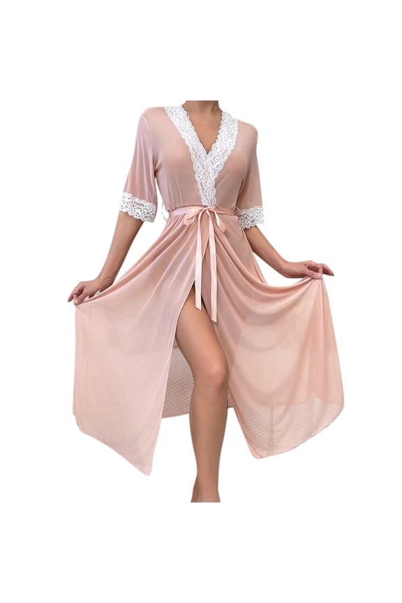 Womens Nightgown Mesh Lace Kimono Robe Sexy Bathrobe House Dress Ladies Comfy Pajama Dress,M