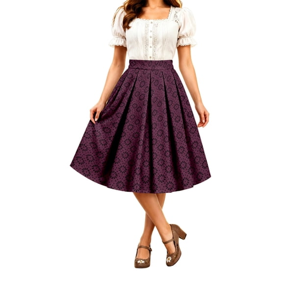 Wxolcjlv Womens Oktoberfest Floral Print Pleated Midi Skirt High Waist A Line Bavarian Festival Wear Skirts