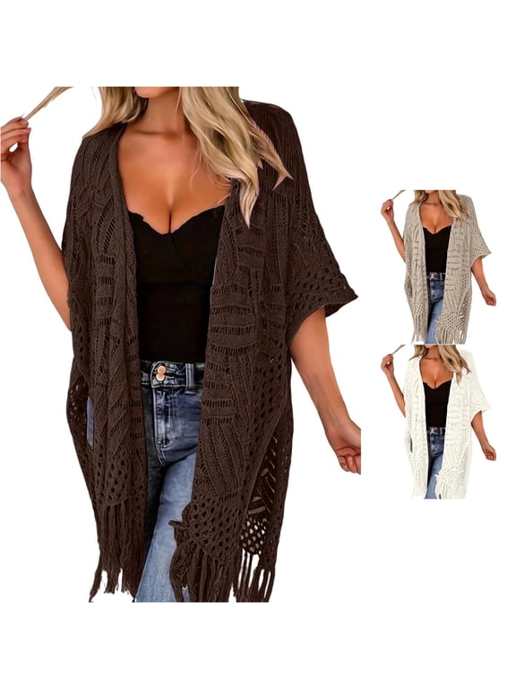 Womens Open Front Fringed Knit Kimono Hollow Structure Beach Outerwear Cover‑Up