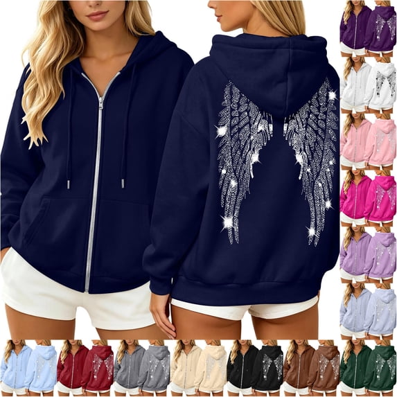 Wxolcjlv Womens Rhinestone Angel Wing Print Zip Up Hoodies Long Sleeve Outerwear Tops