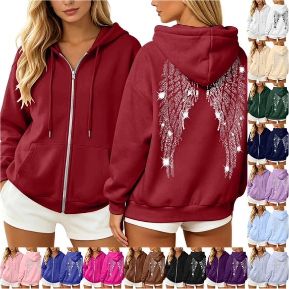 Wxolcjlv Womens Rhinestone Angel Wing Print Zip Up Hoodies Long Sleeve Outerwear Tops