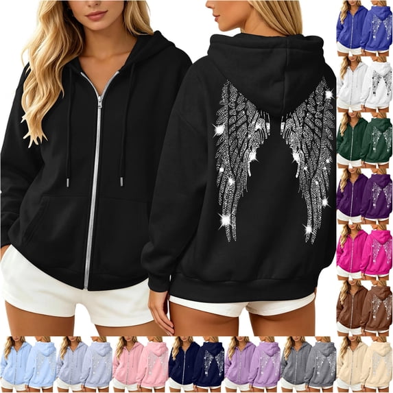 Wxolcjlv Womens Rhinestone Angel Wing Print Zip Up Hoodies Long Sleeve Outerwear Tops