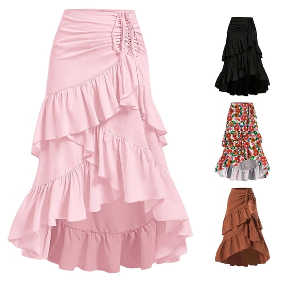 Wxolcjlv Womens Ruched Drawstring Midi Skirt Ruffled High Low Hem Flowy Evening Skirt