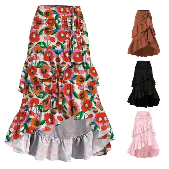 Wxolcjlv Womens Ruched Drawstring Midi Skirt Ruffled High Low Hem Flowy Evening Skirt