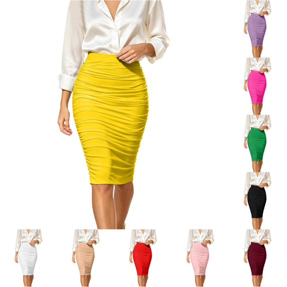 Wxolcjlv Womens Ruched Midi Skirt High Waist Bodycon Cut Office Daily Skirts