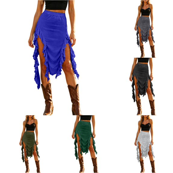 Wxolcjlv Womens Ruffle Asymmetrical Midi Skirt High Waist Slit Skirts