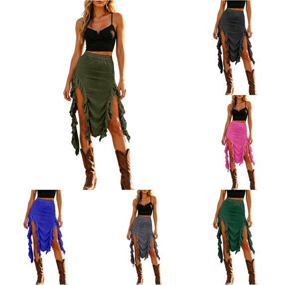 Wxolcjlv Womens Ruffle Asymmetrical Midi Skirt High Waist Slit Skirts