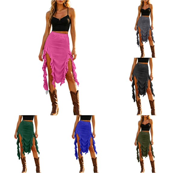 Wxolcjlv Womens Ruffle Asymmetrical Midi Skirt High Waist Slit Skirts