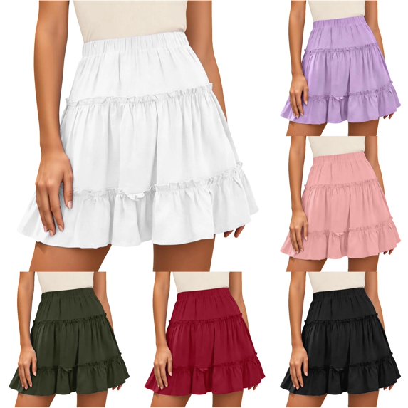 Wxolcjlv Womens Ruffle Tiered Mini Skirt Elastic Waist Flowy Cute Casual Daily Skirts