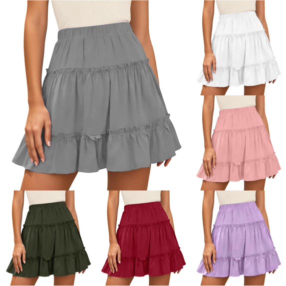 Wxolcjlv Womens Ruffle Tiered Mini Skirt Elastic Waist Flowy Cute Casual Daily Skirts
